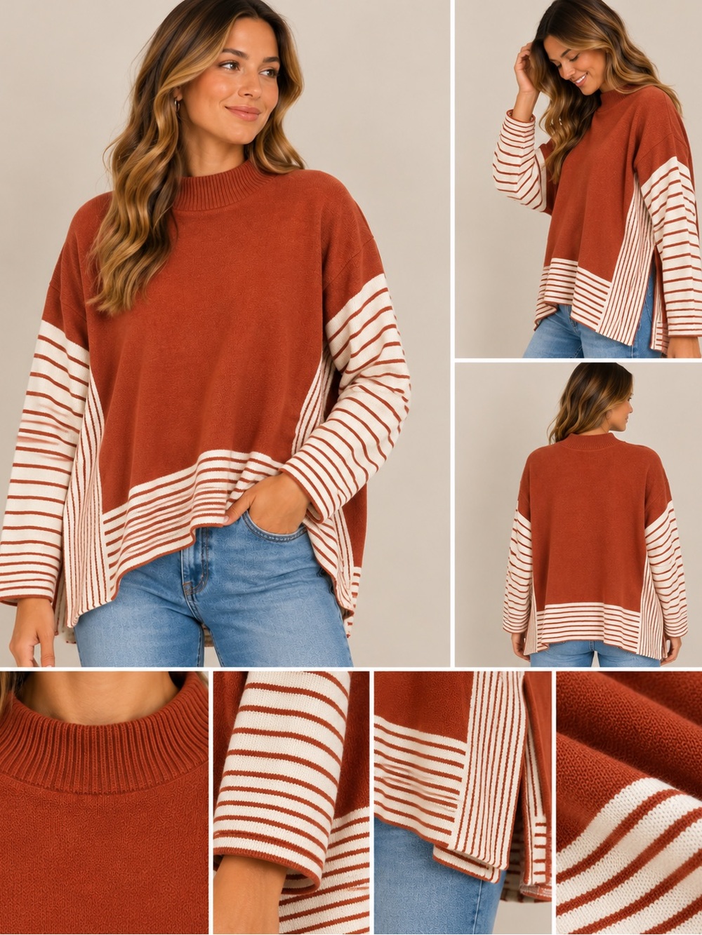 Rust Striped Sleeve Knit Sweater - Women